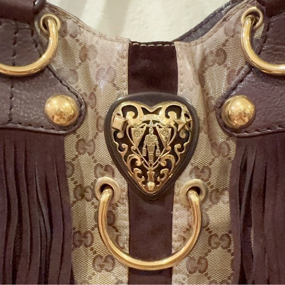 Authentic Gucci Beige Ebony GG Crystal Canvas Babouska Heart Tote Bag Large - Picture 3 of 14